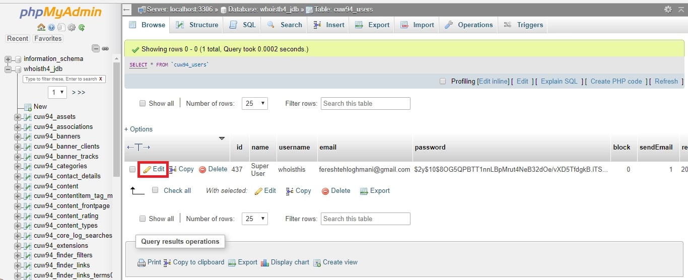 آموزش تغییر رمز جوملا از دیتابیس با phpMyAdmin- مرحله چهارم